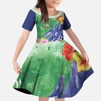 Personalised Pohnpei States Humpback Whale Family Matching Off Shoulder Maxi Dress and Hawaiian Shirt Polynesian Tropical Flowers LT9 Daughter's Dress Blue - Polynesian Pride