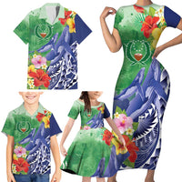 Personalised Pohnpei States Humpback Whale Family Matching Short Sleeve Bodycon Dress and Hawaiian Shirt Polynesian Tropical Flowers LT9 - Polynesian Pride