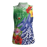 Personalised Pohnpei States Humpback Whale Women Sleeveless Polo Shirt Polynesian Tropical Flowers LT9 Female Blue - Polynesian Pride
