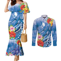Personalised Yap States Humpback Whale Couples Matching Mermaid Dress and Long Sleeve Button Shirt Polynesian Tropical Flowers LT9 Blue - Polynesian Pride