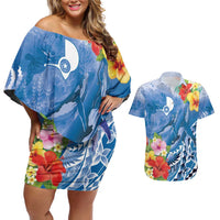 Personalised Yap States Humpback Whale Couples Matching Off Shoulder Short Dress and Hawaiian Shirt Polynesian Tropical Flowers LT9 Blue - Polynesian Pride