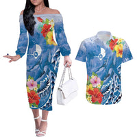 Personalised Yap States Humpback Whale Couples Matching Off The Shoulder Long Sleeve Dress and Hawaiian Shirt Polynesian Tropical Flowers LT9 Blue - Polynesian Pride
