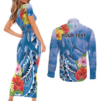 Personalised Yap States Humpback Whale Couples Matching Short Sleeve Bodycon Dress and Long Sleeve Button Shirt Polynesian Tropical Flowers LT9 - Polynesian Pride