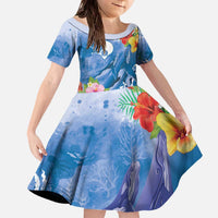 Personalised Yap States Humpback Whale Family Matching Off The Shoulder Long Sleeve Dress and Hawaiian Shirt Polynesian Tropical Flowers LT9 Daughter's Dress Blue - Polynesian Pride