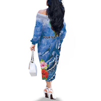 Personalised Yap States Humpback Whale Family Matching Off The Shoulder Long Sleeve Dress and Hawaiian Shirt Polynesian Tropical Flowers LT9 - Polynesian Pride