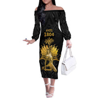 Haitian Negre Marron 1804 Family Matching Off The Shoulder Long Sleeve Dress and Hawaiian Shirt Black Polynesian Pattern LT9 Mom's Dress Black - Polynesian Pride