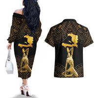 Haitian Negre Marron 1804 Couples Matching Off The Shoulder Long Sleeve Dress and Hawaiian Shirt Gold Polynesian Pattern LT9 - Polynesian Pride