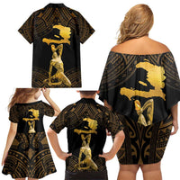 Haitian Negre Marron 1804 Family Matching Off Shoulder Short Dress and Hawaiian Shirt Gold Polynesian Pattern LT9 - Polynesian Pride