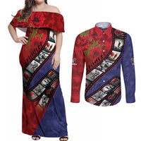 Personalised ANZAC Spirit 1915-2026 Filmstrip Tribute Couples Matching Off Shoulder Maxi Dress and Long Sleeve Button Shirt Lest We Forget 25 April LT9 Red - Polynesian Pride