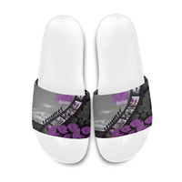 Personalised Remembering ANZAC Lest We Forget Slide Sandals Vintage Film Frame Memorial Purple Poppy