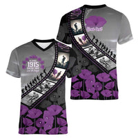 Personalised Remembering ANZAC Lest We Forget Women V-Neck T-Shirt Vintage Film Frame Memorial Purple Poppy LT9 - Polynesian Pride