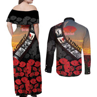 Personalised Remembering ANZAC Lest We Forget Couples Matching Off Shoulder Maxi Dress and Long Sleeve Button Shirt Vintage Film Frame Memorial Red Poppy LT9 - Polynesian Pride