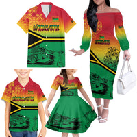 Hapi 44th Indipendens Dei Vanuatu Family Matching Off The Shoulder Long Sleeve Dress and Hawaiian Shirt Yumi 1980 with Vanuatuan Beach Landscape LT9 - Polynesian Pride