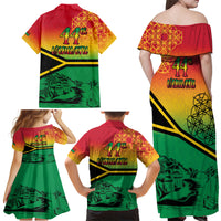 Hapi 44th Indipendens Dei Vanuatu Family Matching Off Shoulder Maxi Dress and Hawaiian Shirt Yumi 1980 with Vanuatuan Beach Landscape LT9 - Polynesian Pride