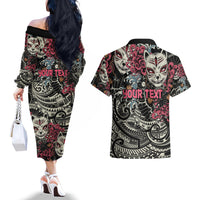 Personalized Japanese Kitsune Mask Couples Matching Off The Shoulder Long Sleeve Dress and Hawaiian Shirt With Polynesian Arty Style LT9 - Polynesian Pride