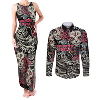 Personalized Japanese Kitsune Mask Couples Matching Tank Maxi Dress and Long Sleeve Button Shirt With Polynesian Arty Style