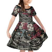 Personalized Japanese Kitsune Mask Family Matching Mermaid Dress and Hawaiian Shirt With Polynesian Arty Style LT9 Daughter's Dress Black - Polynesian Pride