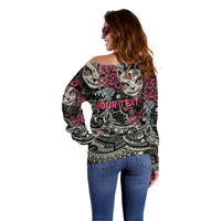 Personalized Japanese Kitsune Mask Off Shoulder Sweater With Polynesian Arty Style