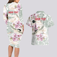 Personalized Japanese Shirasagi Bird Couples Matching Long Sleeve Bodycon Dress and Hawaiian Shirt Sakura and Hibiscus Polynesian Pattern LT9 - Polynesian Pride
