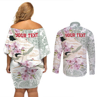 Personalized Japanese Shirasagi Bird Couples Matching Off Shoulder Short Dress and Long Sleeve Button Shirt Sakura and Hibiscus Polynesian Pattern