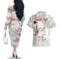 Personalized Japanese Shirasagi Bird Couples Matching Off The Shoulder Long Sleeve Dress and Hawaiian Shirt Sakura and Hibiscus Polynesian Pattern LT9 - Polynesian Pride