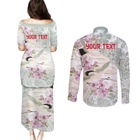 Personalized Japanese Shirasagi Bird Couples Matching Puletasi and Long Sleeve Button Shirt Sakura and Hibiscus Polynesian Pattern