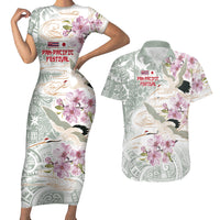 Personalized Japanese Shirasagi Bird Couples Matching Short Sleeve Bodycon Dress and Hawaiian Shirt Sakura and Hibiscus Polynesian Pattern LT9 White - Polynesian Pride
