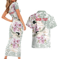 Personalized Japanese Shirasagi Bird Couples Matching Short Sleeve Bodycon Dress and Hawaiian Shirt Sakura and Hibiscus Polynesian Pattern LT9 - Polynesian Pride