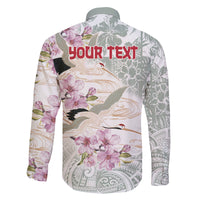 Personalized Japanese Shirasagi Bird Family Matching Off Shoulder Maxi Dress and Hawaiian Shirt Sakura and Hibiscus Polynesian Pattern