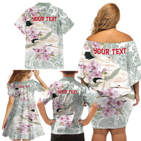 Personalized Japanese Shirasagi Bird Family Matching Off Shoulder Short Dress and Hawaiian Shirt Sakura and Hibiscus Polynesian Pattern LT9 - Polynesian Pride