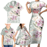Personalized Japanese Shirasagi Bird Family Matching Short Sleeve Bodycon Dress and Hawaiian Shirt Sakura and Hibiscus Polynesian Pattern LT9 - Polynesian Pride