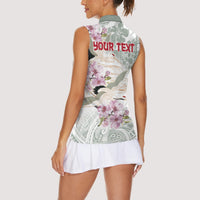 Personalized Japanese Shirasagi Bird Women Sleeveless Polo Shirt Sakura and Hibiscus Polynesian Pattern