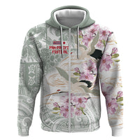Personalized Japanese Shirasagi Bird Zip Hoodie Sakura and Hibiscus Polynesian Pattern