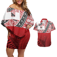 Malo e lelei Tonga Couples Matching Off Shoulder Short Dress and Hawaiian Shirt Ngatu Tokelau Feletoa Fata Traditional Polynesian Pattern LT9 Red - Polynesian Pride