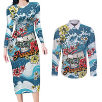 Hawaii Santa Skeleton Surfing Personalized Couples Matching Long Sleeve Bodycon Dress and Long Sleeve Button Shirt Mele Kalikimaka i Iulai! LT9 Blue - Polynesian Pride