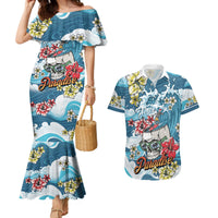 Hawaii Santa Skeleton Surfing Personalized Couples Matching Mermaid Dress and Hawaiian Shirt Mele Kalikimaka i Iulai! LT9 Blue - Polynesian Pride