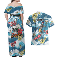 Hawaii Santa Skeleton Surfing Personalized Couples Matching Off Shoulder Maxi Dress and Hawaiian Shirt Mele Kalikimaka i Iulai! LT9 - Polynesian Pride