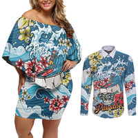 Hawaii Santa Skeleton Surfing Personalized Couples Matching Off Shoulder Short Dress and Long Sleeve Button Shirt Mele Kalikimaka i Iulai! LT9 Blue - Polynesian Pride