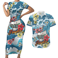 Hawaii Santa Skeleton Surfing Personalized Couples Matching Short Sleeve Bodycon Dress and Hawaiian Shirt Mele Kalikimaka i Iulai! LT9 Blue - Polynesian Pride