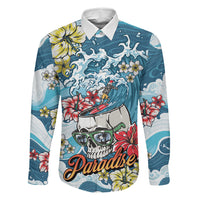 Hawaii Santa Skeleton Surfing Personalized Family Matching Off Shoulder Maxi Dress and Hawaiian Shirt Mele Kalikimaka i Iulai! LT9 Dad's Shirt - Long Sleeve Blue - Polynesian Pride