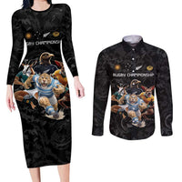 Custom Rugby Southern Hemisphere Couples Matching Long Sleeve Bodycon Dress and Long Sleeve Button Shirt Argentina AUNZ South Africa Mascot Black - Polynesian Pride