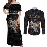 Custom Rugby Southern Hemisphere Couples Matching Off Shoulder Maxi Dress and Long Sleeve Button Shirt Argentina AUNZ South Africa Mascot Black LT9 Black - Polynesian Pride