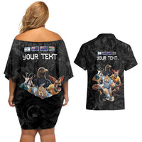 Custom Rugby Southern Hemisphere Couples Matching Off Shoulder Short Dress and Hawaiian Shirt Argentina AUNZ South Africa Mascot Black LT9 - Polynesian Pride