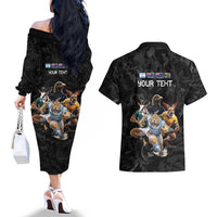 Custom Rugby Southern Hemisphere Couples Matching Off The Shoulder Long Sleeve Dress and Hawaiian Shirt Argentina AUNZ South Africa Mascot Black LT9 - Polynesian Pride