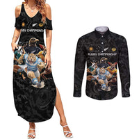 Custom Rugby Southern Hemisphere Couples Matching Summer Maxi Dress and Long Sleeve Button Shirt Argentina AUNZ South Africa Mascot Black - Polynesian Pride