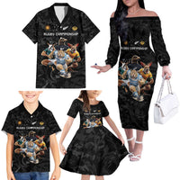 Custom Rugby Southern Hemisphere Family Matching Off The Shoulder Long Sleeve Dress and Hawaiian Shirt Argentina AUNZ South Africa Mascot Black LT9 - Polynesian Pride