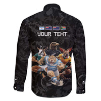 Custom Rugby Southern Hemisphere Family Matching Off The Shoulder Long Sleeve Dress and Hawaiian Shirt Argentina AUNZ South Africa Mascot Black LT9 - Polynesian Pride
