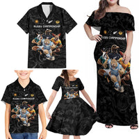 Custom Rugby Southern Hemisphere Family Matching Off Shoulder Maxi Dress and Hawaiian Shirt Argentina AUNZ South Africa Mascot Black LT9 - Polynesian Pride