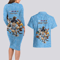 Custom Rugby Southern Hemisphere Couples Matching Long Sleeve Bodycon Dress and Hawaiian Shirt Argentina AUNZ South Africa Mascot Blue - Polynesian Pride