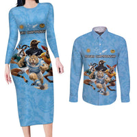 Custom Rugby Southern Hemisphere Couples Matching Long Sleeve Bodycon Dress and Long Sleeve Button Shirt Argentina AUNZ South Africa Mascot Blue - Polynesian Pride